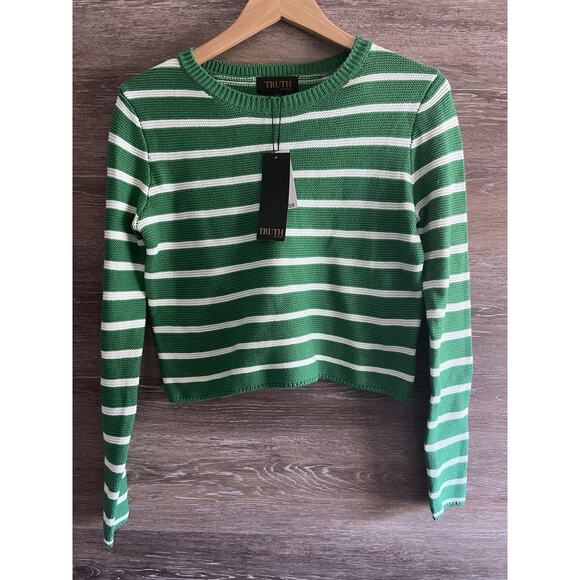 Truth green striped crewneck Cropped sweater Women Size Medium Classic Nautical - Picture 1 of 7
